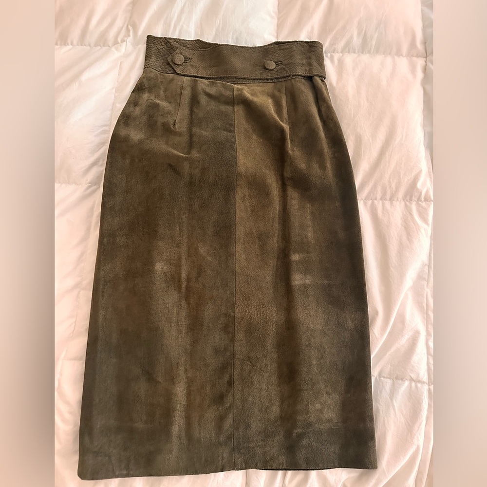 Vintage Suede high waisted long straight skirt olive green